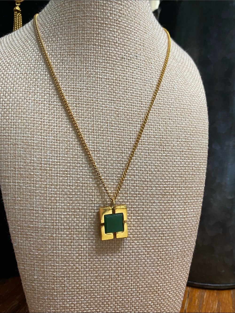 Crown 👑 Trifari Necklace with Green Glass Square Pendant